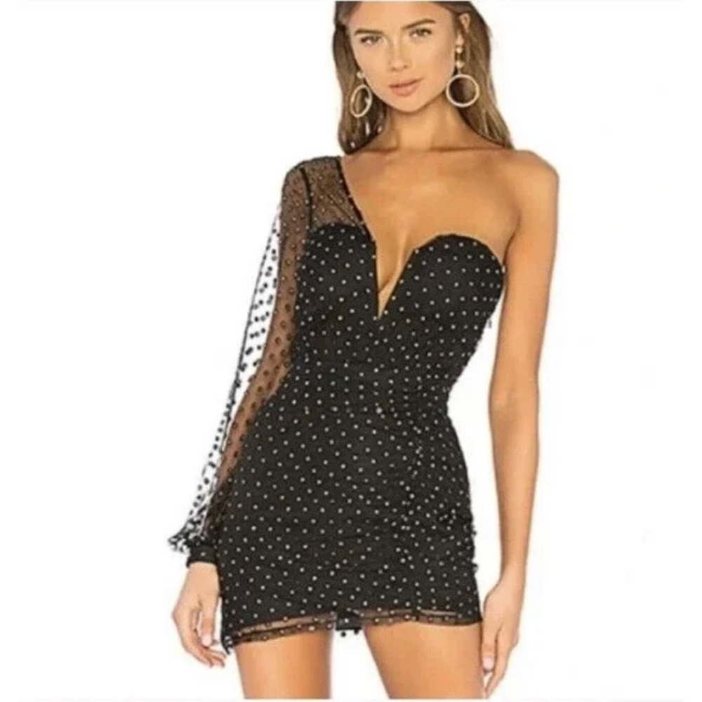 H:OURS From Revolve Size Small  Black Polka dot Mesh One Shoulder Mini Dress